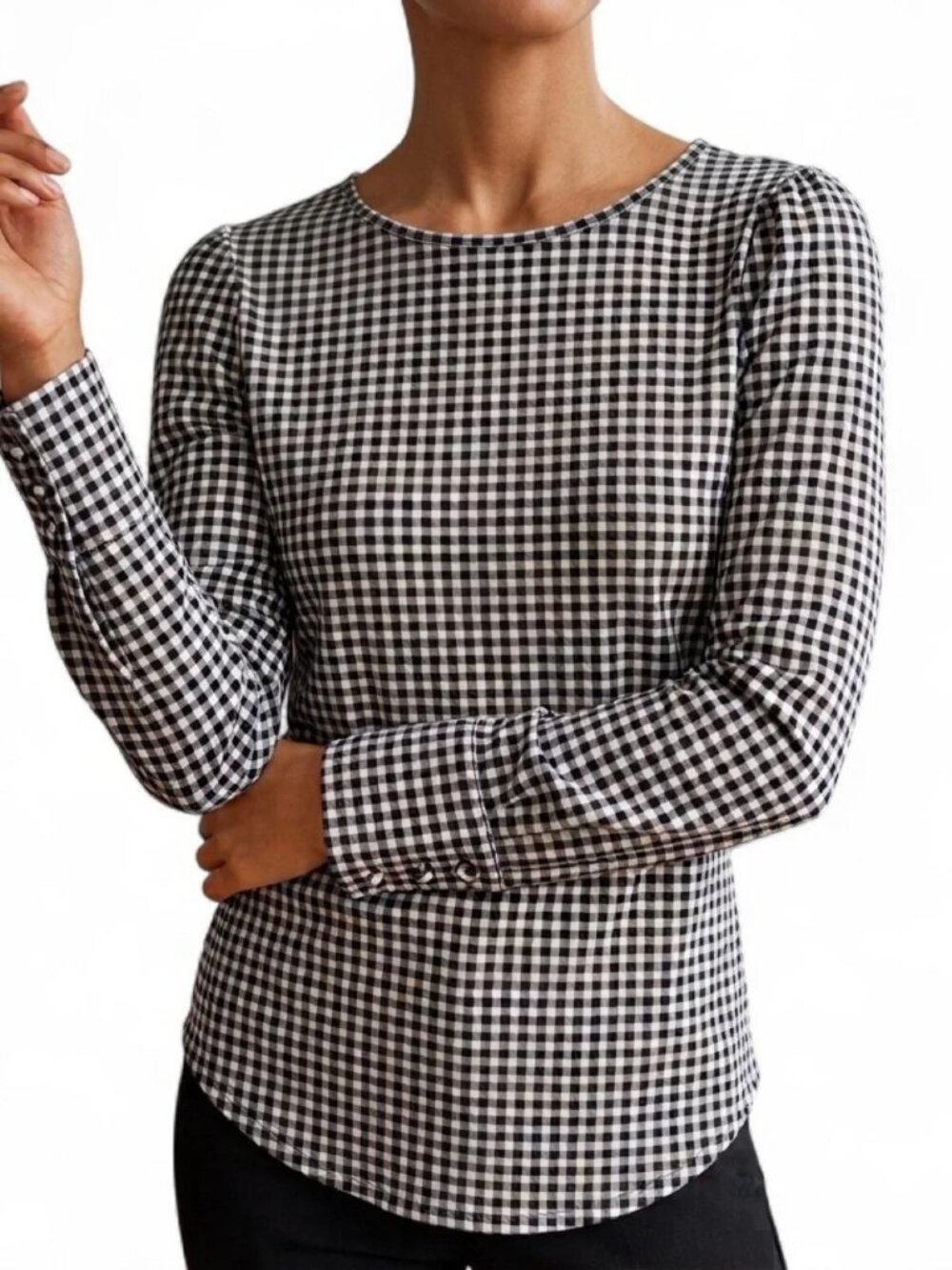 NWT ANN TAYLOR Black White Gingham Long Sleeve Button Cuff Top – Med